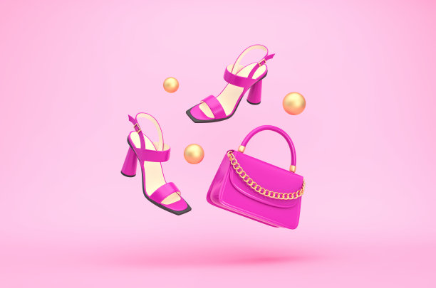 鲜艳的紫色女士手袋和鞋子在粉红色的背景上飞舞图片下载