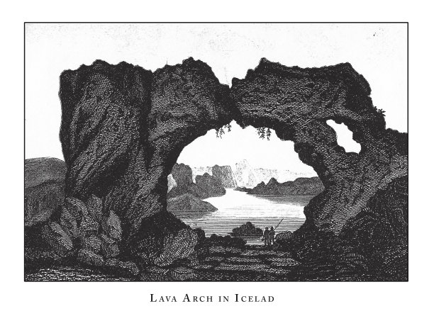 冰岛的熔岩拱门，洞穴，冰山，熔岩和岩层雕刻古董插图，1851年出版图片下载