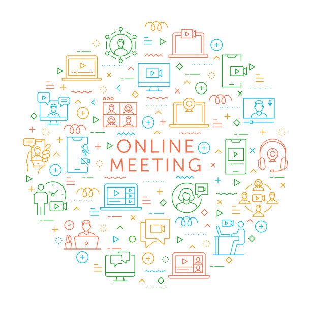 在线会议的设计元素。带有轮廓图标的图案设计。色彩斑斓的矢量图图片下载