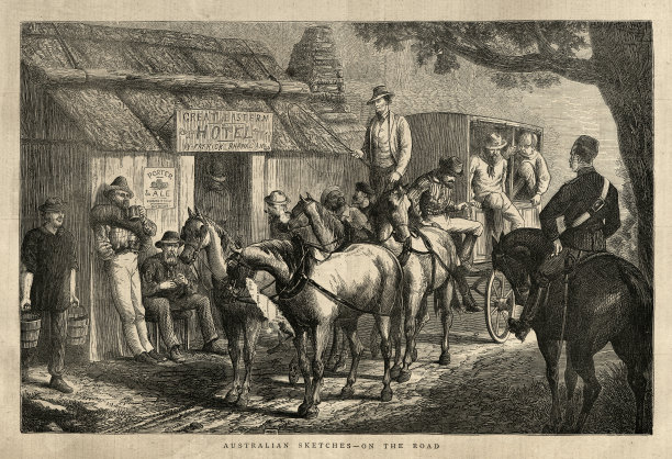 复古插图，澳大利亚草图，在路上，路边酒店，马车，19世纪70年代，19世纪澳大利亚的历史图片下载