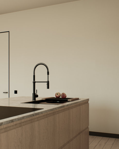 暖色调的厨房工作室。带木制岛台和立面的厨房。米色极简主义厨房，配有大岛台和厨房电器。三维渲染图片下载