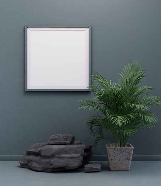 绿色室内墙面的方形相框，用于海报和产品展示及复制空间。三维渲染图片下载