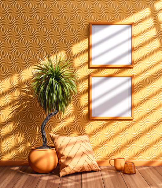 黄色室内房间的墙上挂着两个黄色的方形相框，用于海报和产品展示。三维渲染图片下载