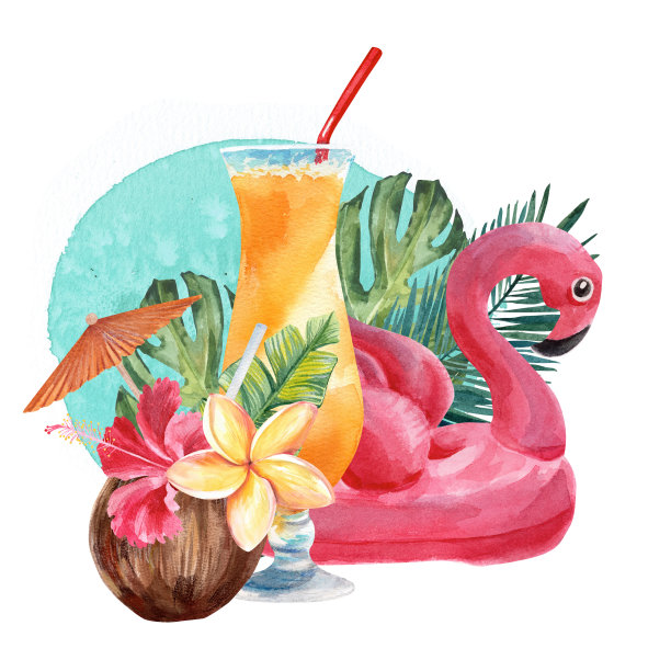 暑假插图集。水彩绘画。孤立的对象。在热带度假胜地度暑假。设计纪念品、明信片、海报、请柬等。图片下载