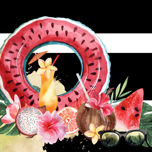 暑假插图集。水彩绘画。孤立的对象。在热带度假胜地度暑假。设计纪念品、明信片、海报、请柬等。图片下载