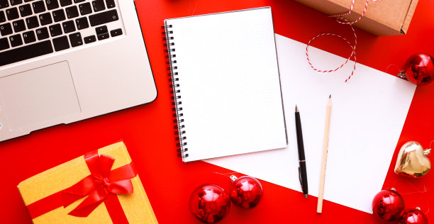 横幅平平地圣诞购物。白色叶子的模型，购物清单图片下载