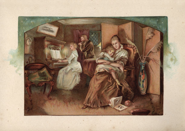 维多利亚家庭在家里，演奏听钢琴音乐，19世纪图片下载