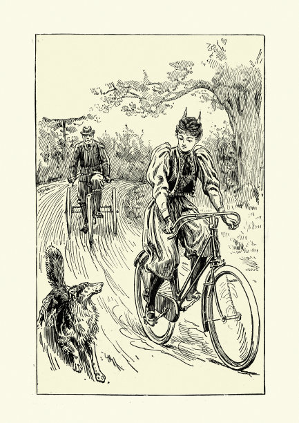 19世纪90年代，维多利亚时代，一名年轻女子带着她的狗外出骑自行车图片下载