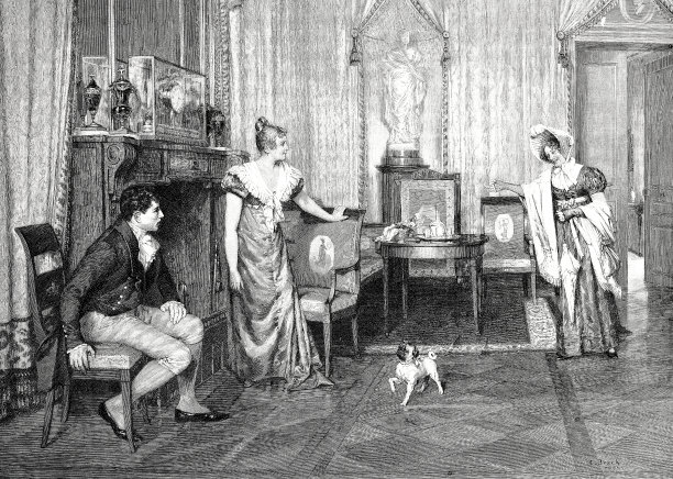 一个女人带着狗去客厅探望一对夫妇图片下载