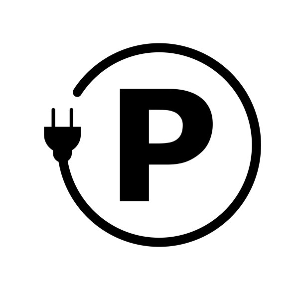 电动汽车充电点矢量图，环保混合动力汽车停车位。字母P与插头图标在白色背景。图片下载