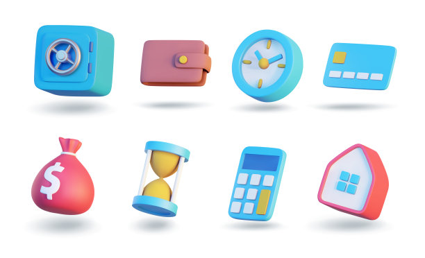 3d商业图标集。保险箱、钱包、手表、银行卡、现金袋、包、沙漏、计算器、家。渲染矢量图图片下载