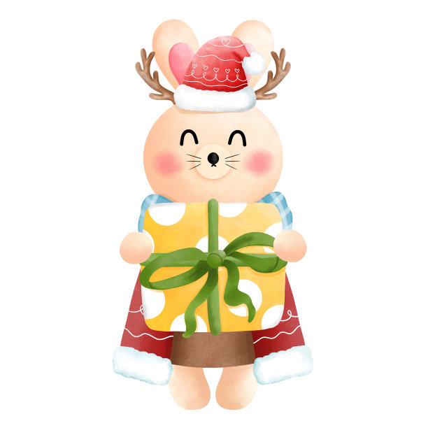 可爱的水彩圣诞兔子与鹿角在红色的衣服和蓝色的围巾拿着礼盒。图片下载