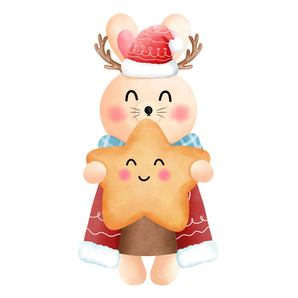 节日圣诞兔子剪贴画。可爱的小兔子带着星星，鹿角，蓝色的围巾，红色的帽子，红色和棕色的裙子。图片下载