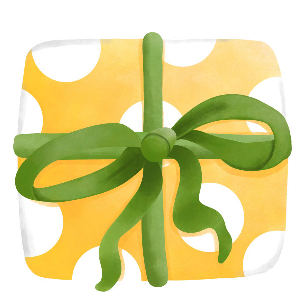 水彩黄绿圣诞礼盒配绿丝带蝴蝶结。节日剪贴插图。图片下载