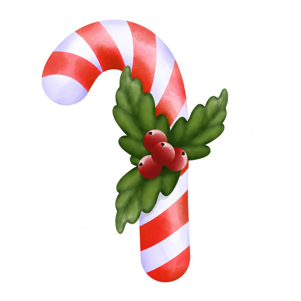 节日水彩红色和白色圣诞糖果手杖冬青和装饰品插图。图片下载