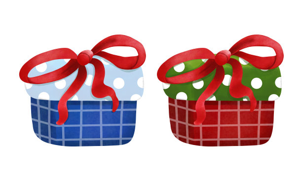 一套水彩红色和蓝色圣诞礼盒与红丝带蝴蝶结。节日剪贴插图。图片下载