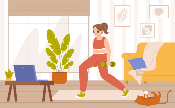 在家在线锻炼。客厅的健身房有笔记本电脑，进行虚拟健身训练。视频体育课程，女运动员做运动舒适的矢量场景图片下载