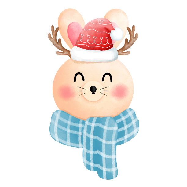 水彩圣诞小兔子头与红色无边帽和蓝色围巾剪贴画。图片下载