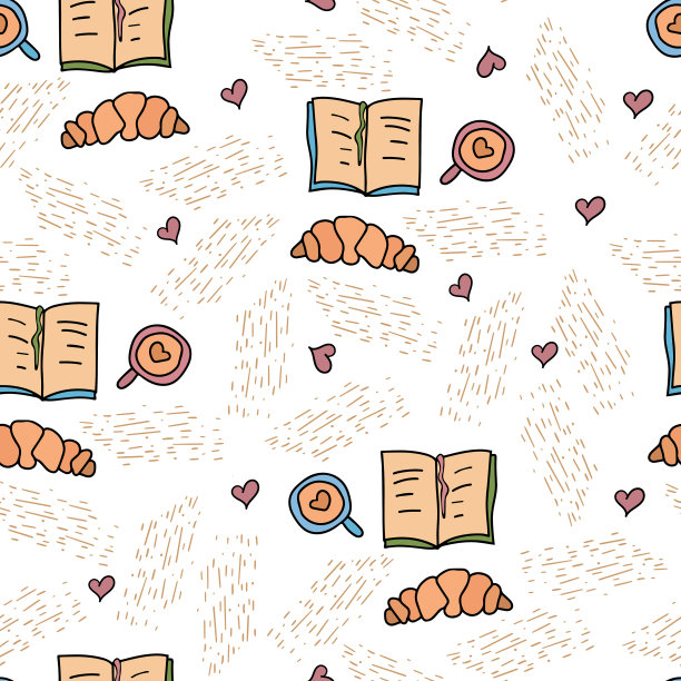 彩色无缝图案与手绘涂鸦可爱的顶部视图打开的书与书签，一杯咖啡和一个羊角面包。舒适的纹理和心形的背景图片下载