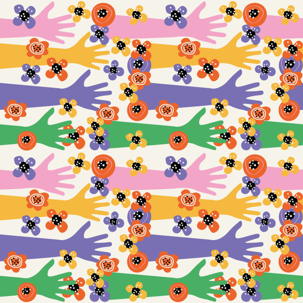 不同颜色的手无缝图案背景。多民族之手矢量插画，种族平等不同文化，民族和谐共存，社区，友谊，派对派，和平图片下载