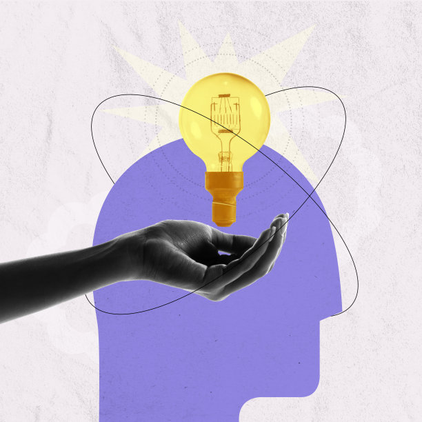 女性手持灯泡头顶剪影象征创意。当代艺术拼贴。概念设计图片下载