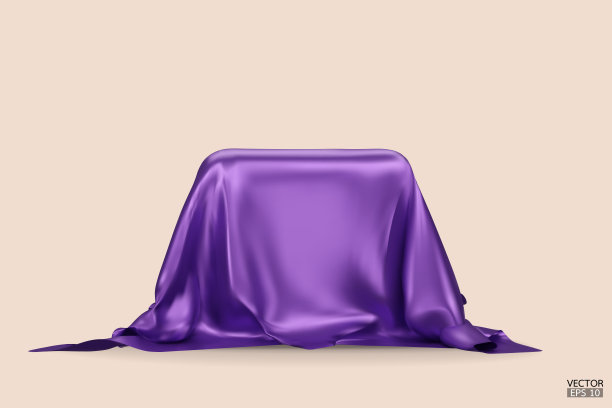 讲台上覆盖着一片紫色的丝绸，孤立在米色的背景上。现实的盒子覆盖着紫色的布。产品、化妆品展示的讲台。创意模型。三维矢量插图。图片下载