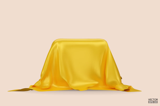 讲台上覆盖着一块黄色的丝绸，孤立在米色的背景上。现实的盒子覆盖着黄色的布。产品、化妆品展示的讲台。创意模型。三维矢量插图。图片下载