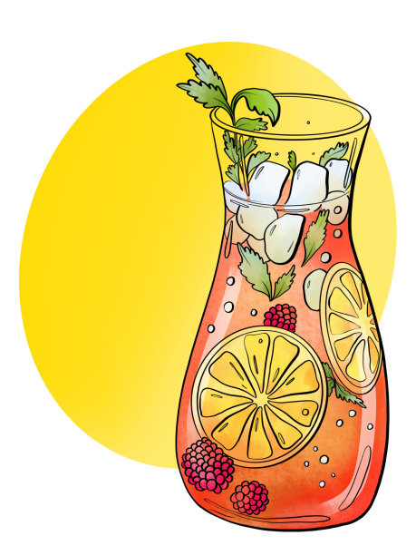 彩色插图卡通素描风格食谱菜单柠檬水鸡尾酒与柑橘和浆果薄荷夏季酒精在壶广告设计元素贴纸图片下载