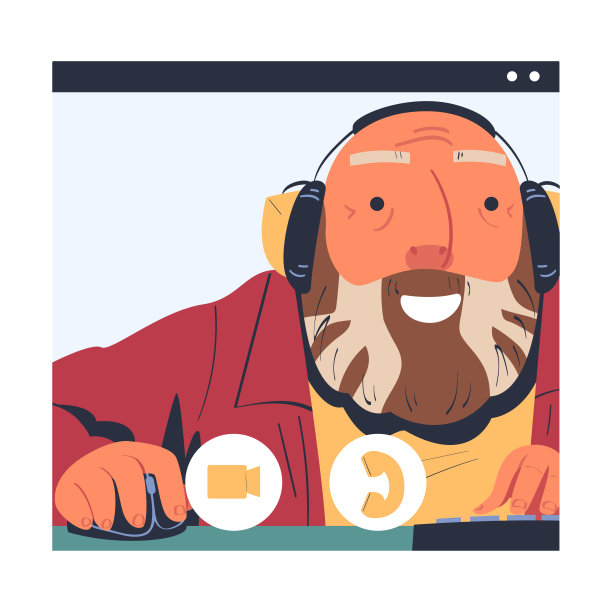 老人博主与胡子和耳机沟通，通过视频链接广播观众在网络摄像头和微笑矢量插图图片下载