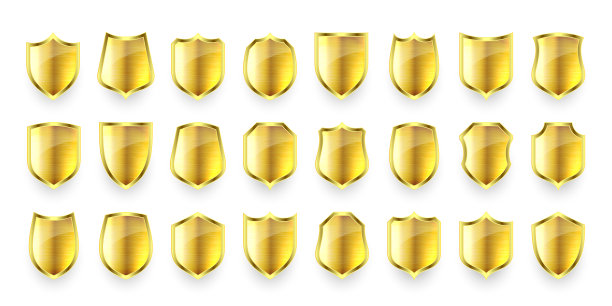 集各种复古3d金属盾牌图标。闪亮的金色纹章盾牌。黑色防护及安全标志、标签。矢量图图片下载