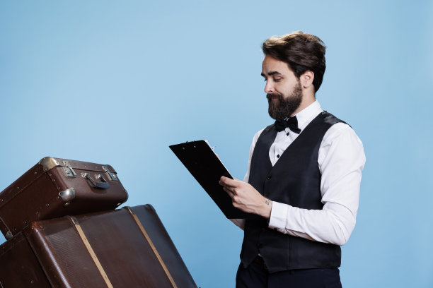行李员正在阅读游客清单图片下载