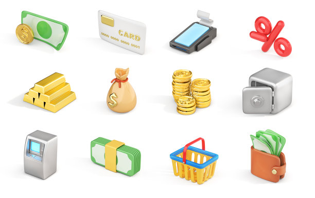 一套3d图标的金钱主题在白色的背景。三维演示图片下载