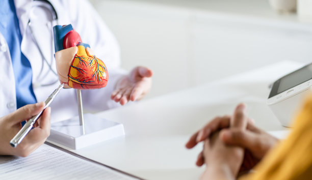 心脏病会诊治疗心脏病。心脏科医生在会诊时展示人体心脏的解剖模型，与老年病人谈论心脏疾病。图片下载