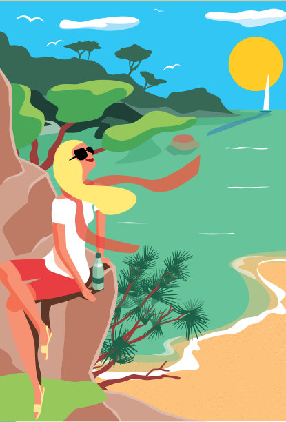 一个金发女人坐在海边的岩石上图片下载