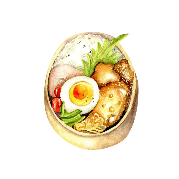 日本水彩手绘便当盒。日本午餐有米饭、鸡肉和鸡蛋图片下载