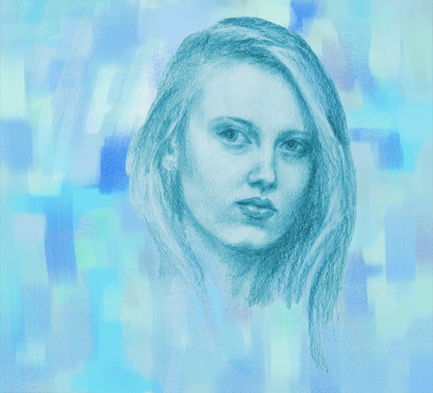 插图绘制的妇女与长发的蜡笔肖像背景上的雪和霜的模式上的玻璃在蓝色蓝绿色的颜色图片下载