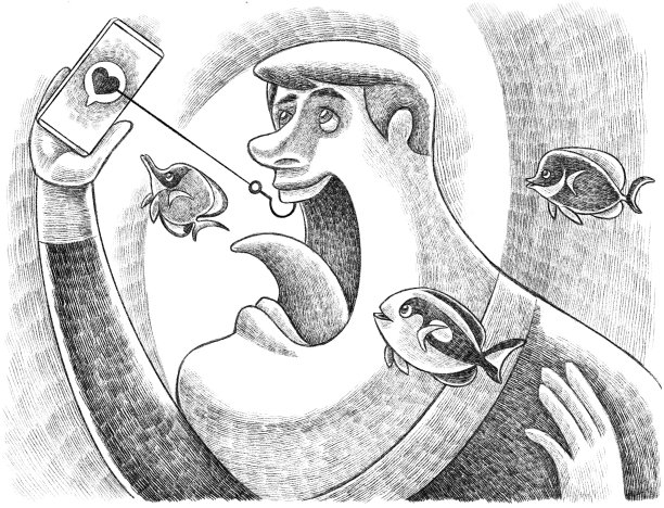 书呆子拿着智能手机，沉迷于画画图片下载