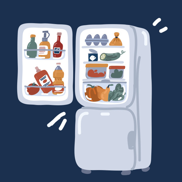 卡通矢量插图冰箱充满了美味的食物。图片下载