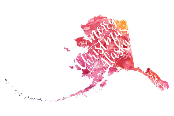 圣诞快乐从阿拉斯加圣诞卡光栅水彩地图插图图片下载