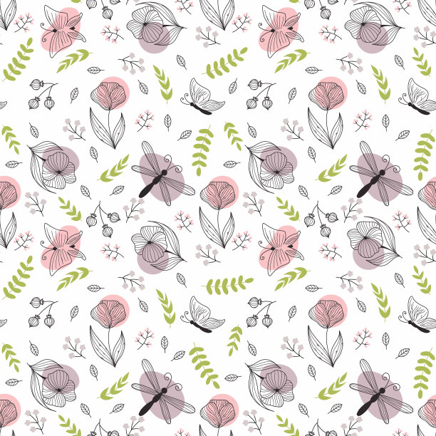 无缝的花卉图案。在白色背景上涂鸦花朵和蝴蝶。夏季背景与蜻蜓为缝纫妇女服装。在纺织品和包装纸上印刷。图片下载
