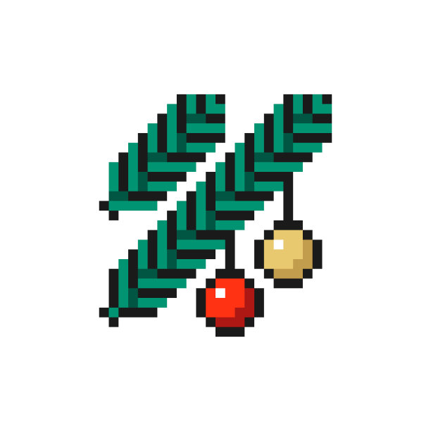 圣诞挂闪闪发光的球在冷杉树枝图标像素艺术设计，孤立在白色背景。圣诞和新年矢量符号符号图片下载