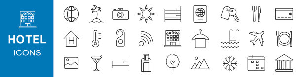 酒店图标集。酒店元素大纲收集。矢量图图片下载