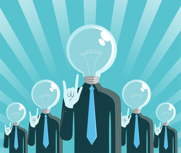 Businessman with idea light bulb head saying “I Love You” in sign language图片下载