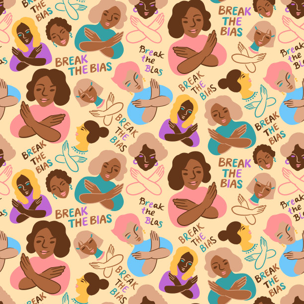 打破偏见，淡黄色无缝图案，国际妇女节(IWD 2022)背景插图图片下载
