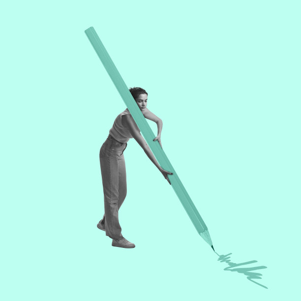 当代艺术拼贴。年轻的女孩拿着巨大的铅笔和书写孤立的光背景。艺术概念，创意，复古风格，超现实主义图片下载