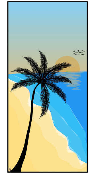 海滩景色的插图和椰子树的剪影图片下载
