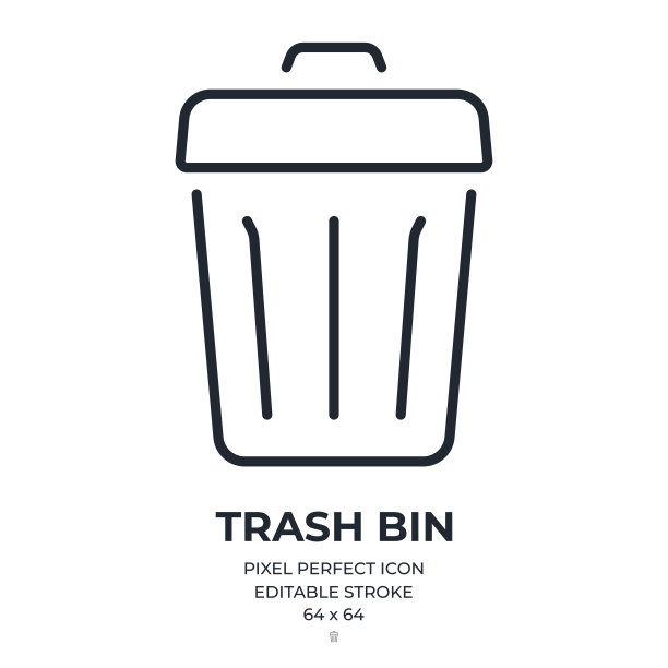 垃圾桶可编辑的笔画轮廓图标隔离在白色背景平面矢量插图。像素完美。64 × 64。图片下载
