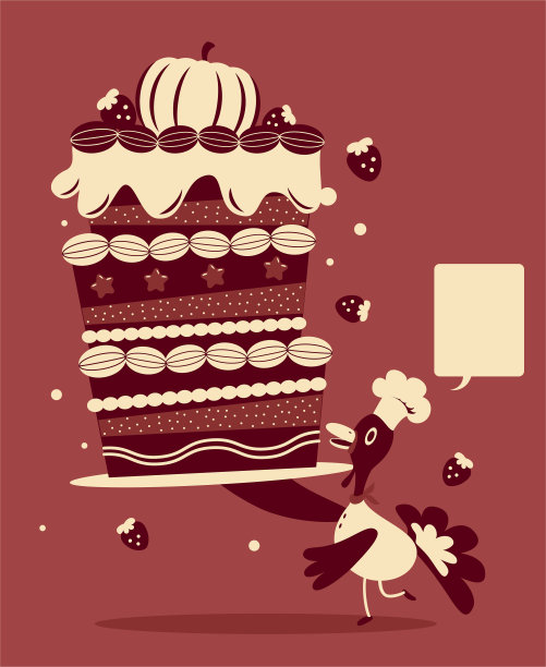 拟人化的火鸡厨师端上一个大的感恩节蛋糕或生日蛋糕图片下载