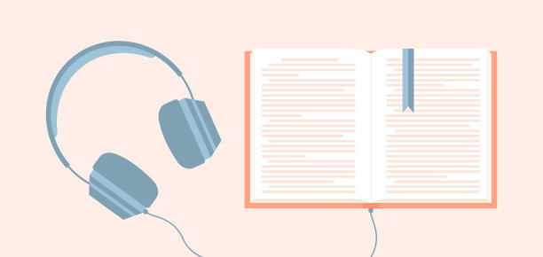 耳机连接到打开的书上。听有声书。平面矢量图图片下载