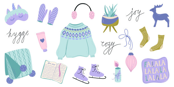 一组氢元素。秋冬舒适生活用品。温馨的家，冬日的活动。图片下载